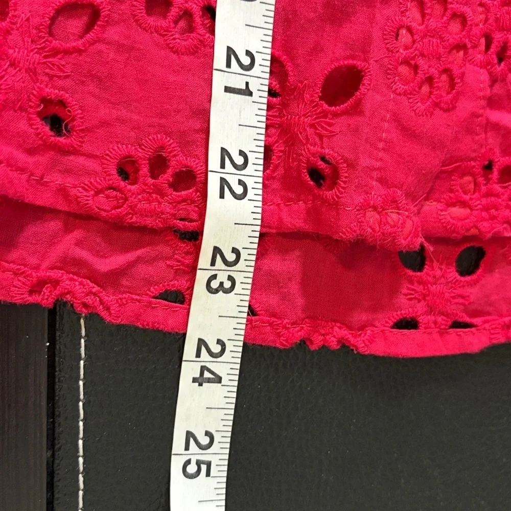 Anna Kay Red Embroidered Eyelet Blouse Button Front Puff Sleeve France Sz L